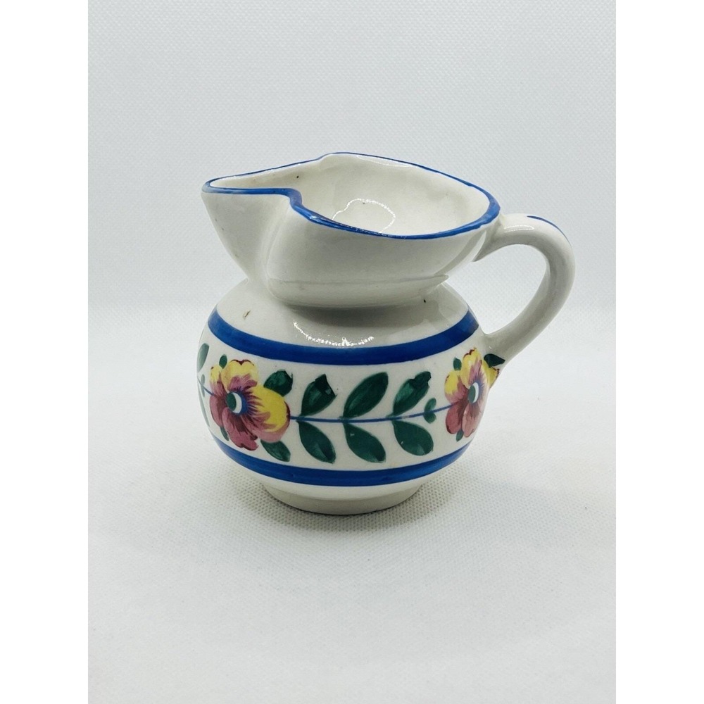 Vintage Czechoslovakia Jug Pitcher  3 1/2"  Hand Painted White And Blue‎